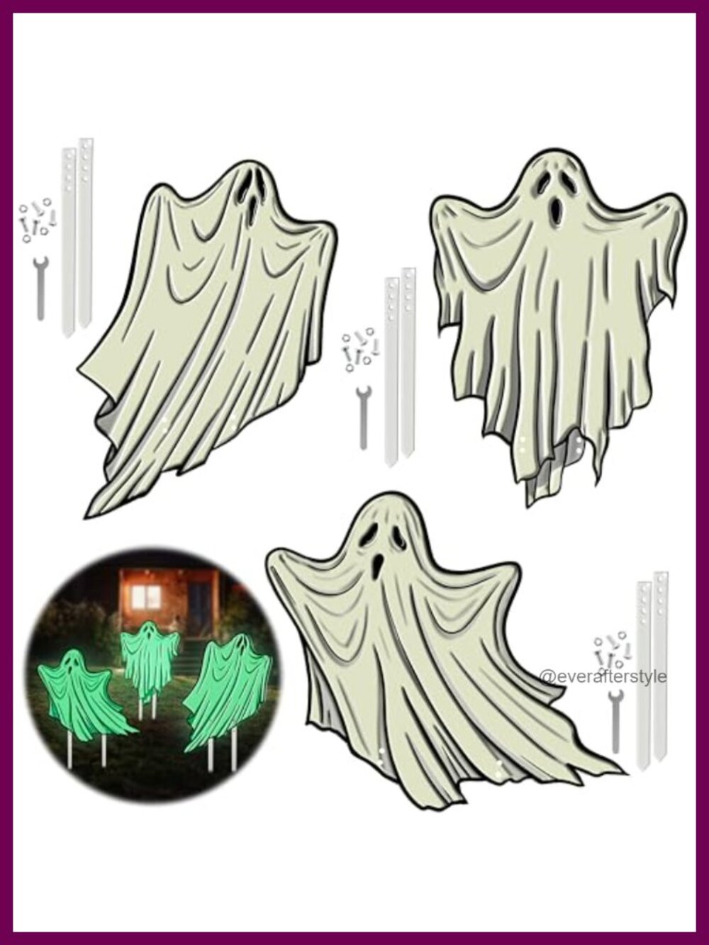 Glow in the Dark Metal Lawn Ghosts with Stakes 17" Halloween Decor Set of 3